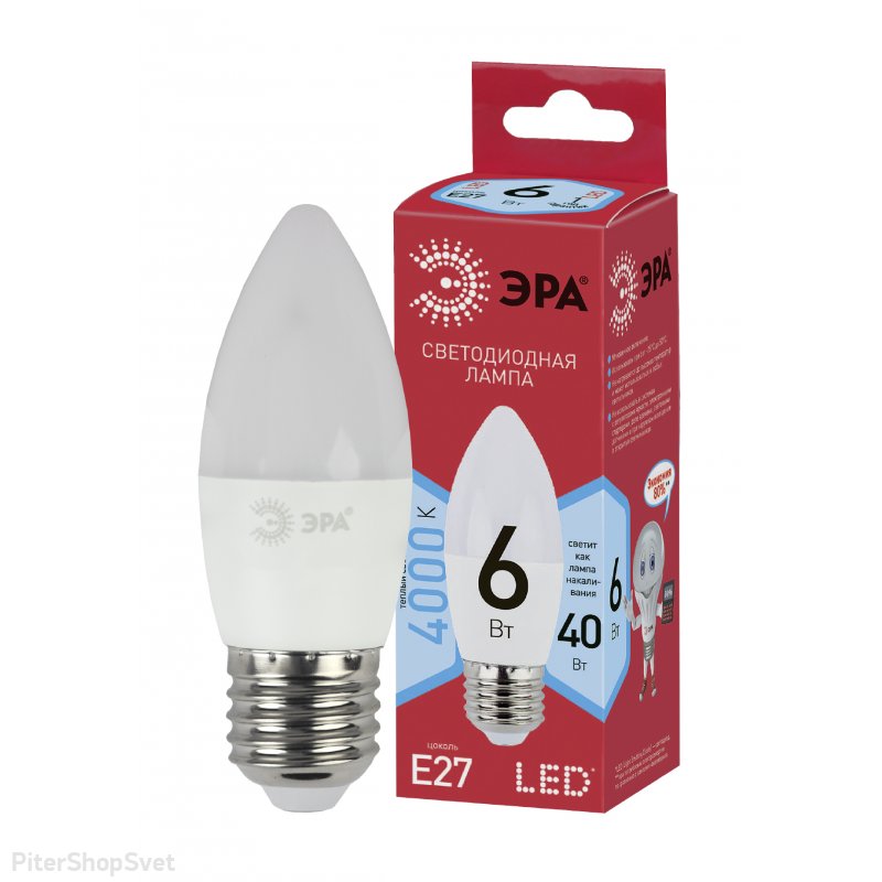 Лампочка Е27 6Вт 4000К свеча белая «ECO LED B35» ECO LED B35-6W-840-E27