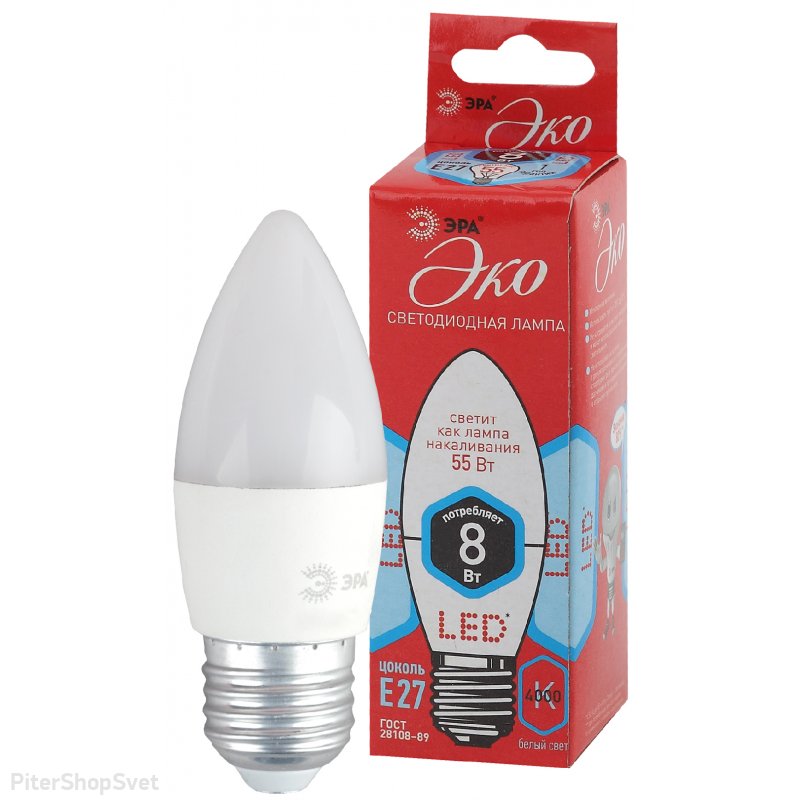 Лампочка Е27 8Вт 4000К свеча белая «ECO LED B35» ECO LED B35-8W-840-E27