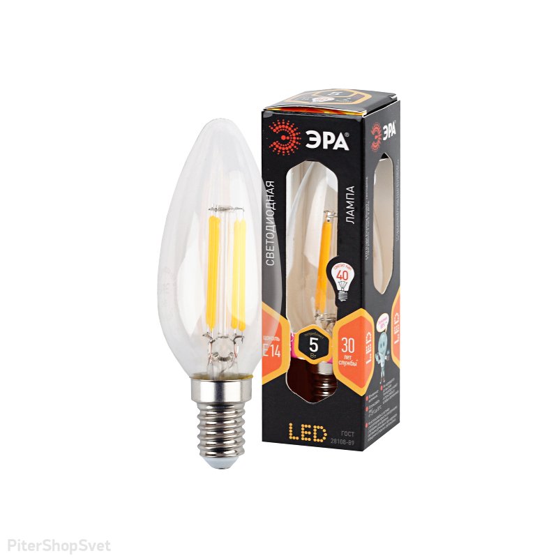 Лампочка Е14 5Вт 2700К прозрачная свеча F-LED B35-5W-827-E14