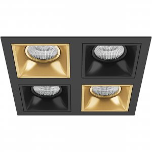 Прямоугольный встраиваемый светильник на четыре лампы, чёрный/золотой «Domino»