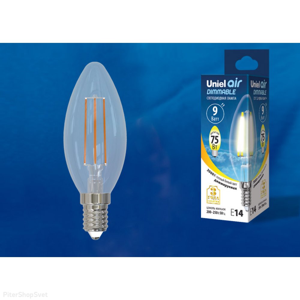 LED-C35-9W/3000K/E14/CL/DIM GLA01TR «Air dimmable» UNIEL Диммируемая лампа  Е14 9Вт 3000К прозрачная свеча купить в интернет-магазине