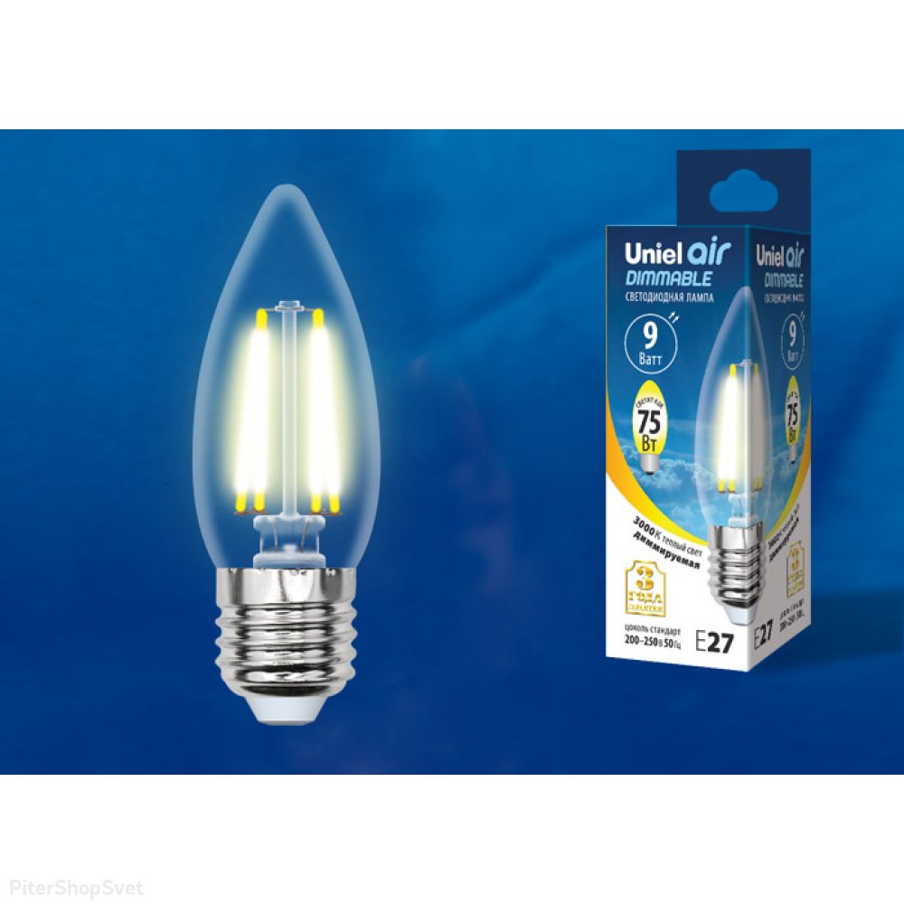 Диммируемая лампа Е27 9Вт 3000К прозрачная свеча «Air dimmable» LED-C35-9W/3000K/E27/CL/DIM GLA01TR