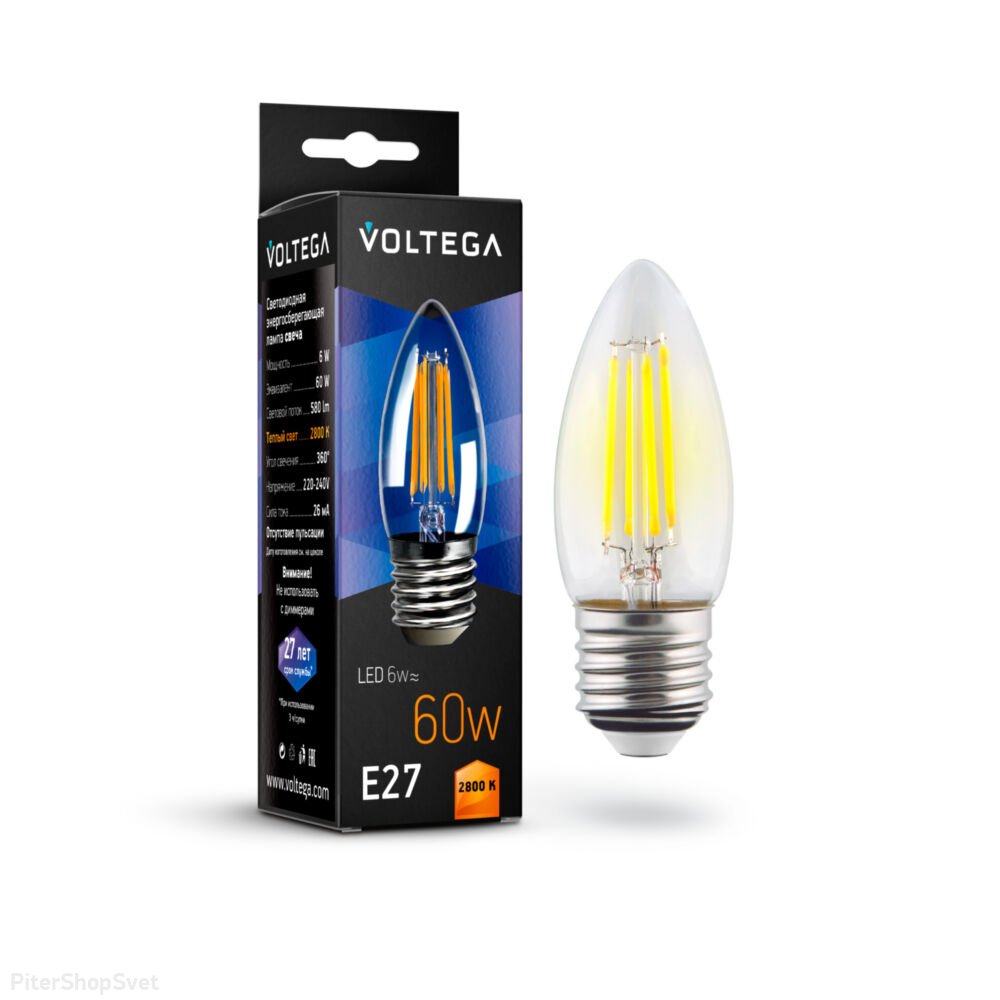 LED лампа Е27 6Вт 2800К прозрачная свеча «Candle E27 6W» 7046